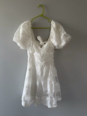 Just Me White Lace Mini Dress with Puff Sleeves